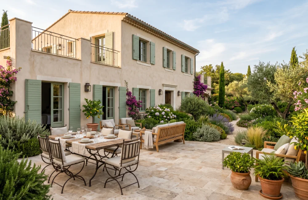 volet vert maison en pierre