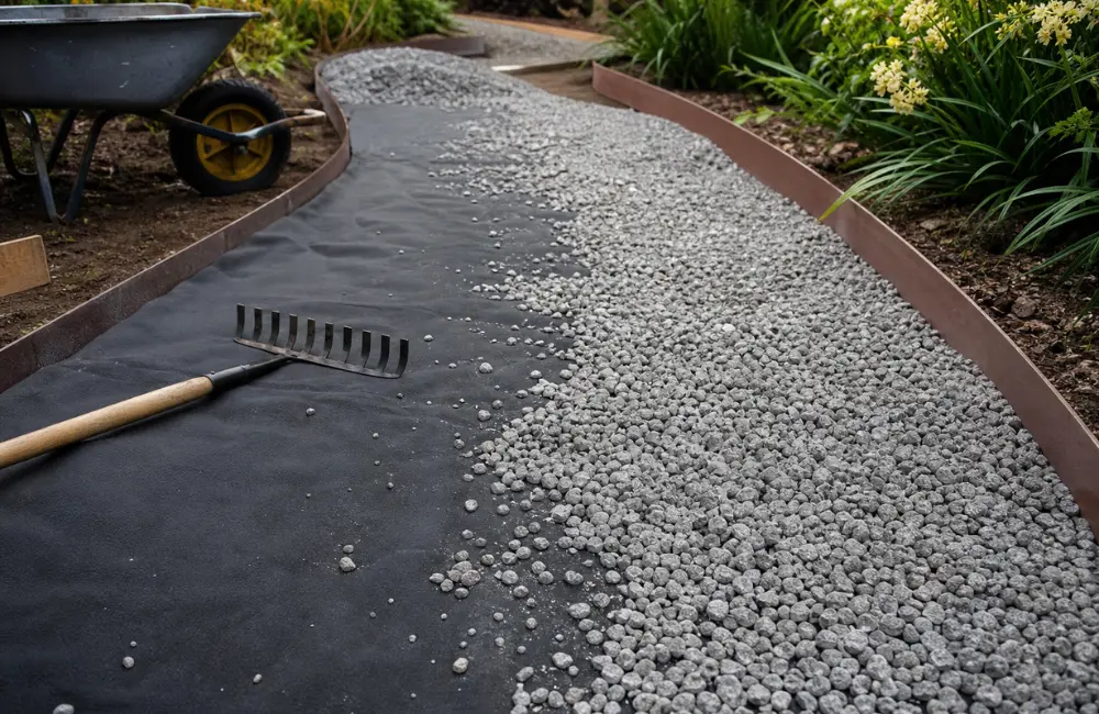 installation graviers sur bache geotextile